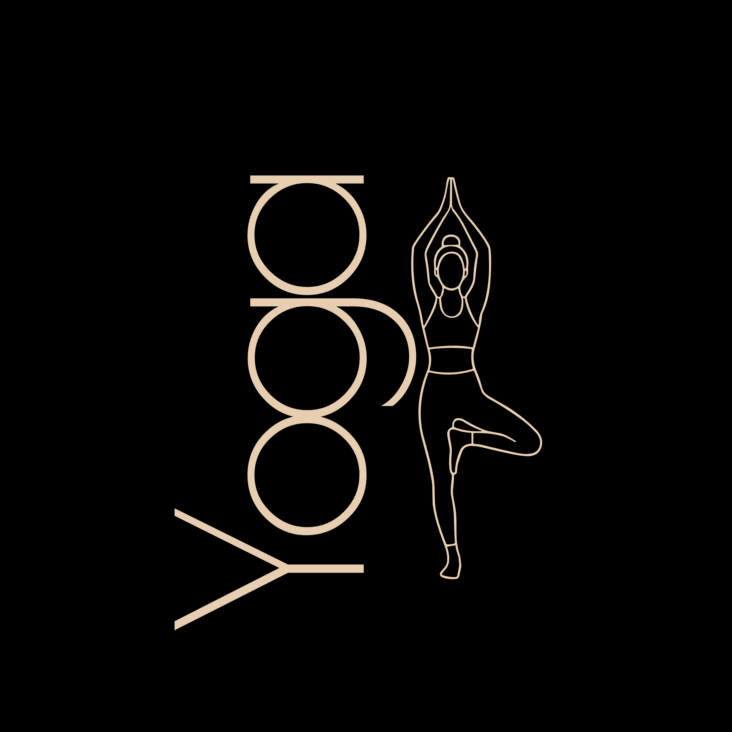 Minimalist gold logo featuring the word 'yoga' in a stylized vertical font alongside a thin line-art illustration of a person in a yoga pose, centered on a solid black background.