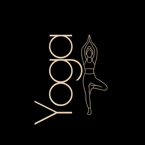 Minimalist gold logo featuring the word 'yoga' in a stylized vertical font alongside a thin line-art illustration of a person in a yoga pose, centered on a solid black background.